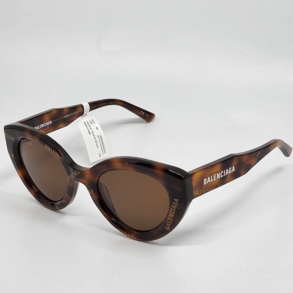 BALENCIAGA Cat Eye Gold Logo Print Sunglasses Havana Brown